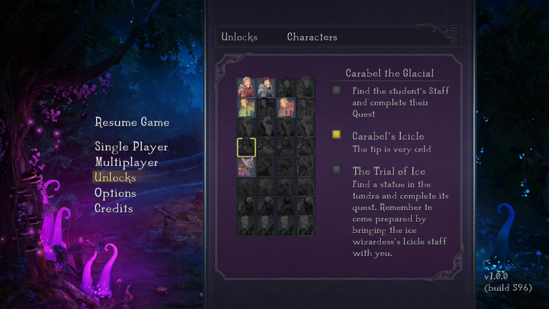 There are eight characters to unlock in all, each with four different variation with different starting spells.